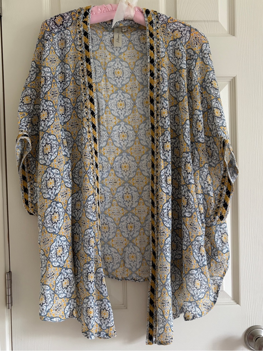 Allison Joy Lightweight Open Front Boho Kimono Jacket in Yellow & Gray Size M/L